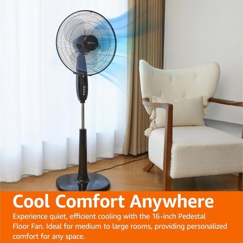 Buy Amazon Basics 16-Inch Pedestal Fan with Remote Online | Adjustable Standing Fan with 3 Speeds, Timer & Dual-Blade Cooling | Black
