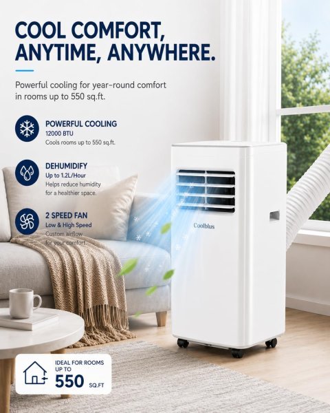 Buy Coolblus 12000 BTU Portable Air Conditioner Online | 3-in-1 Portable AC with Remote, Sleep Mode & Timer for Rooms Up to 550 Sq. Ft. | White