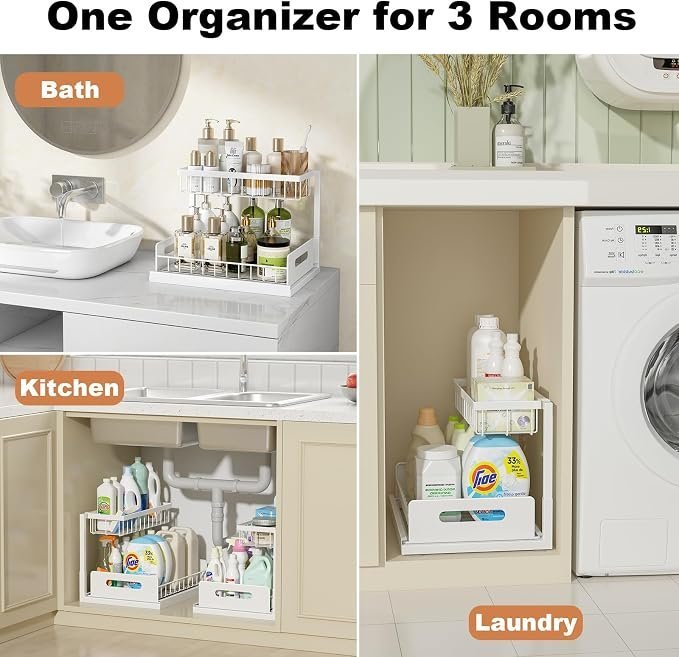 Buy 2-Pack Under Sink Organizer with Pull-Out Shelves Online | 2-Tier Metal Cabinet Storage Organizer White