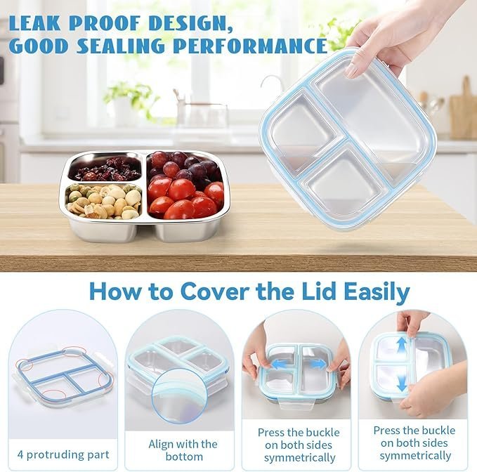 Buy Stainless Steel Snack Containers with 3 Compartments Online | Reusable Bento Lunch Box with Lids for Kids & Adults - Blue