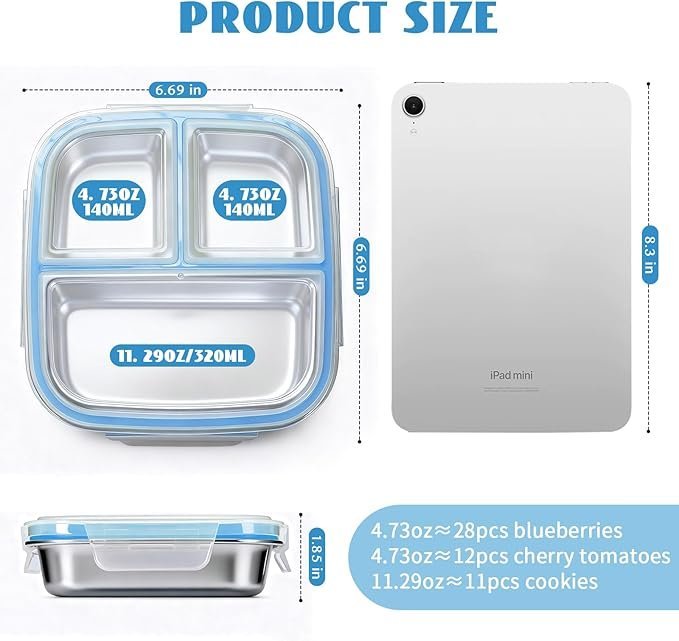 Buy Stainless Steel Snack Containers with 3 Compartments Online | Reusable Bento Lunch Box with Lids for Kids & Adults - Blue