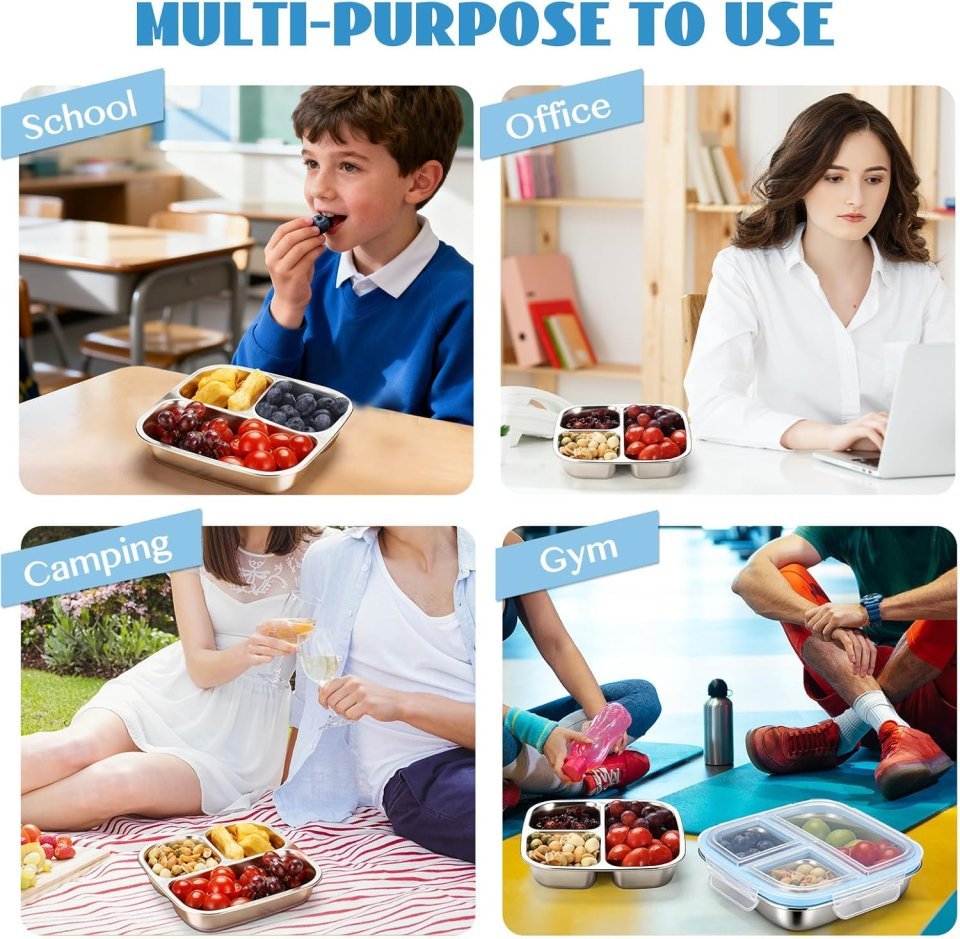 Buy Stainless Steel Snack Containers with 3 Compartments Online | Reusable Bento Lunch Box with Lids for Kids & Adults - Blue