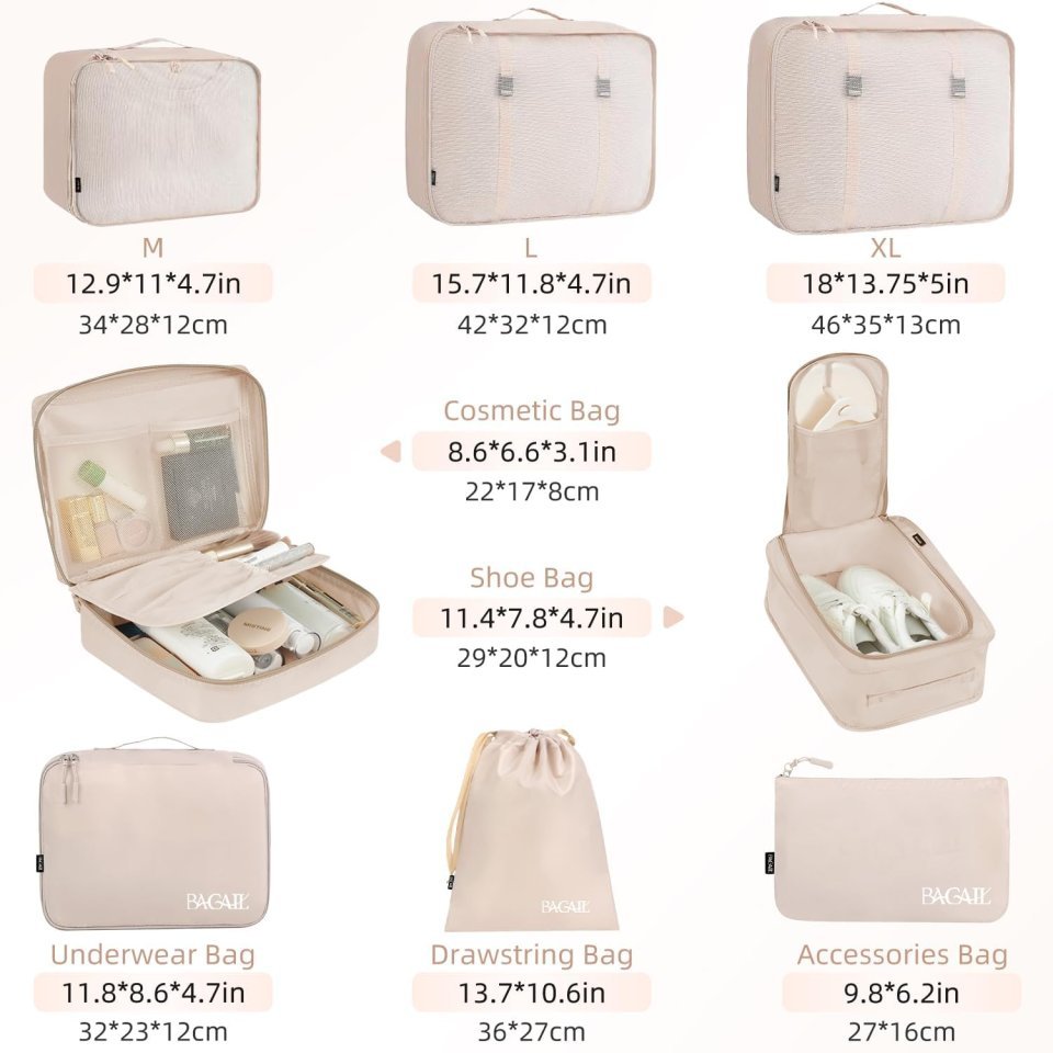 Buy BAGAIL 8 Set Packing Cubes for Travel Online | Luggage Organizer Packing Cubes Set - Cream