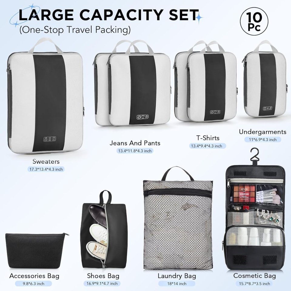 Buy OlarHike 10-Pack Compression Packing Cubes Online | Expandable Travel Luggage Organizer Set - Black