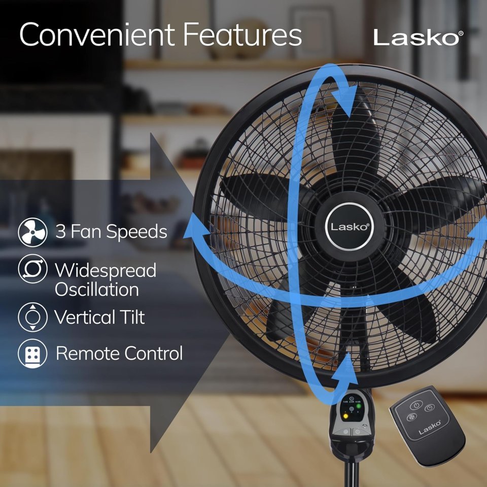 Buy Lasko Oscillating Cyclone Pedestal Fan 1843 Online | 18-Inch Adjustable Standing Fan with Remote, Timer & 3 Speeds | Black