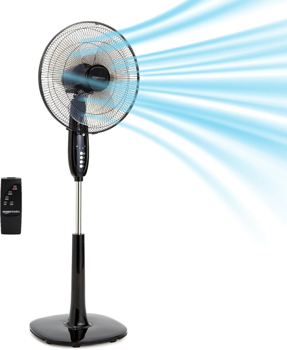 Buy Amazon Basics 16-Inch Pedestal Fan with Remote Online | Adjustable Standing Fan with 3 Speeds, Timer & Dual-Blade Cooling | Black