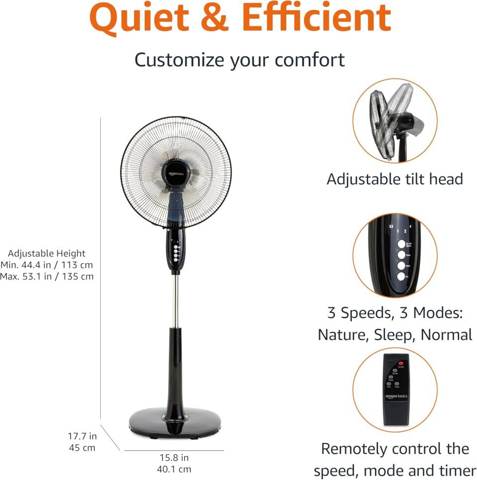 Buy Amazon Basics 16-Inch Pedestal Fan with Remote Online | Adjustable Standing Fan with 3 Speeds, Timer & Dual-Blade Cooling | Black