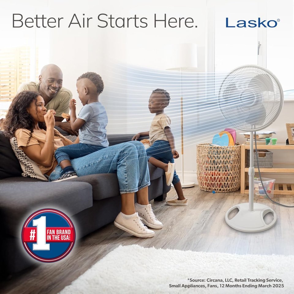 Buy Lasko Oscillating Pedestal Fan 2520 Online | 16-Inch Adjustable Standing Fan with 3 Quiet Speeds | White
