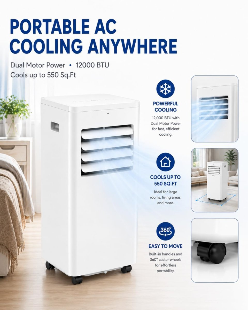 Buy Coolblus 12000 BTU Portable Air Conditioner Online | 3-in-1 Portable AC with Remote, Sleep Mode & Timer for Rooms Up to 550 Sq. Ft. | White