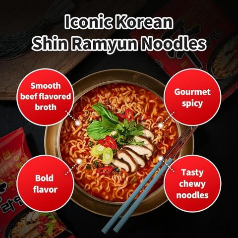 Buy Nongshim Shin Ramyun Spicy Korean Instant Noodles Online | Rich Beef Flavored Ramyun 4.23 oz 20 Pack