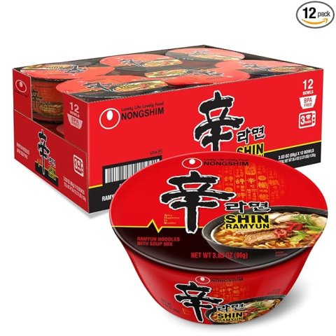 Buy Nongshim Shin Ramyun Bowl Noodles Online | Spicy Korean Instant Ramyun with Rich Beef Flavored Broth 3.03 oz 12 Pack