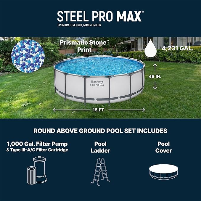 Buy Bestway Steel Pro MAX 15' x 48" Above Ground Swimming Pool Online | Round Family Pool with Filter Pump, Ladder & Cover