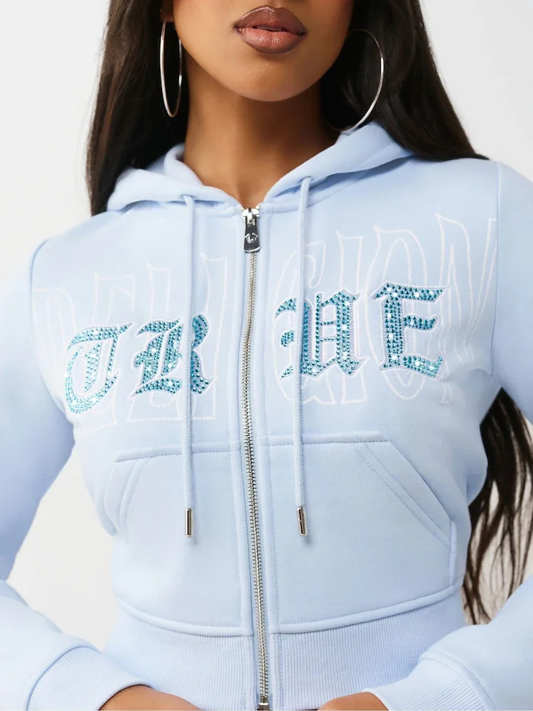 Buy Crystal Embroidered Shrunken Zip Hoodie Online | Premium Anxiety Relief Comfort Wear